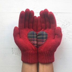 Artist Handmade Red GLOVES w/PLAID HEART